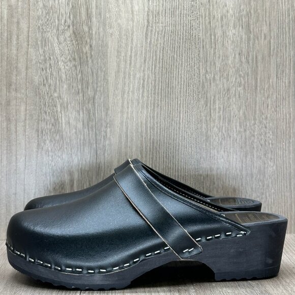 Moheda Toffeln Clog Sandals Womens Sz 39 Mule Slip On Leather Wedge Casual Black - Picture 2 of 13